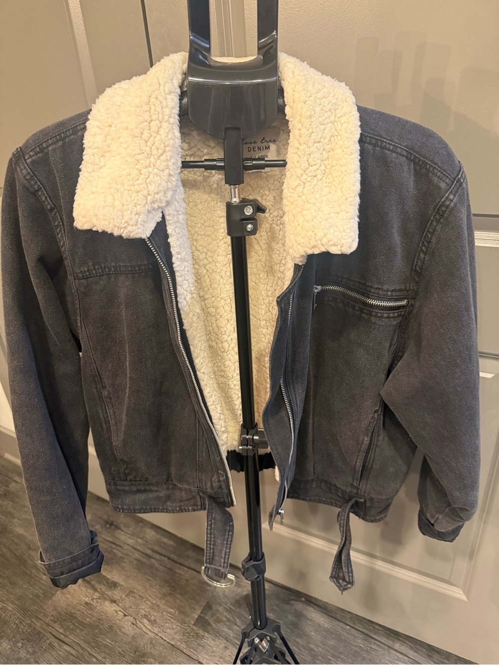 Love Tree Charcoal Gray Sherpa-Lined Denim Jacket